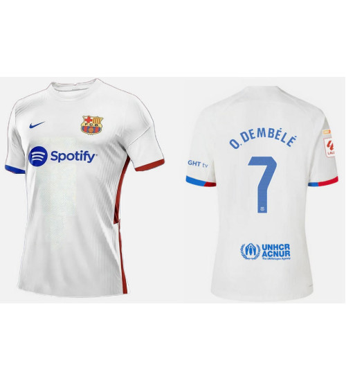 Women 2023-24 Barcelona O. DEMBELE 7  Away White Authentic Jersey