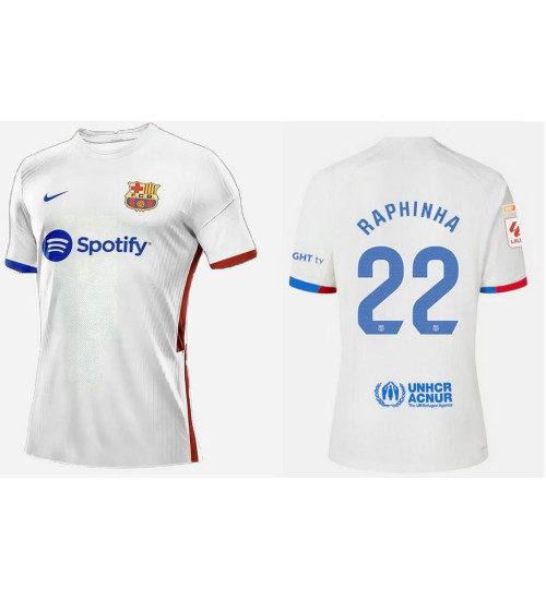 Youth 2023-24 Barcelona RAPHINHA 22 Away White Authentic Jersey